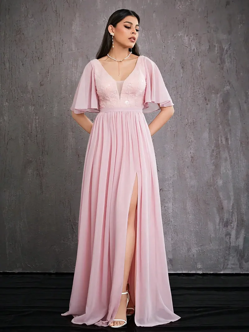 Robe invitée au mariage rose longue fendue
