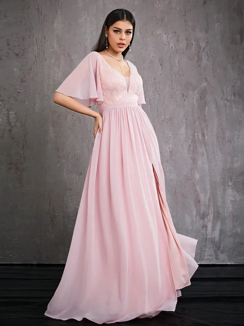 Robe invitée au mariage rose longue fendue