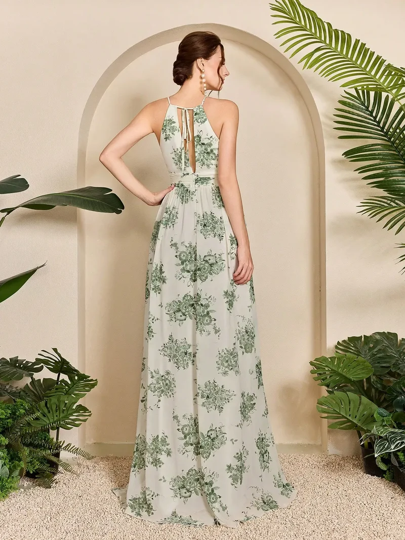 Robe fleurie longue fendue sans manches