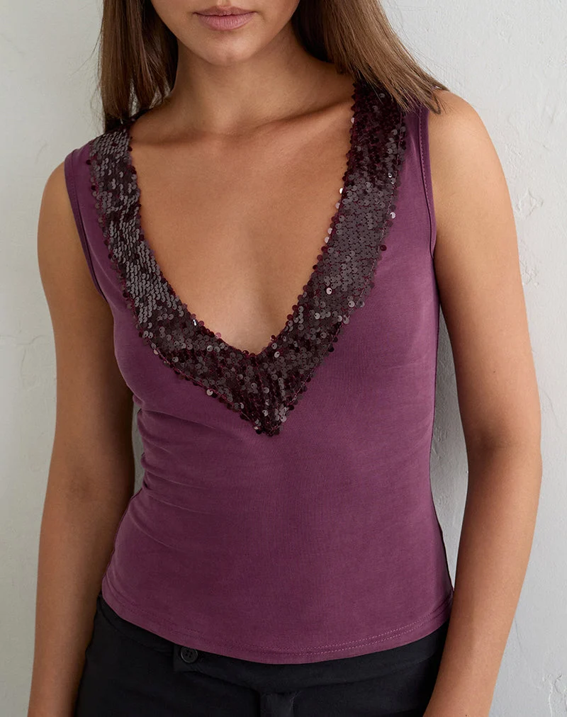 Haut Nahia avec bordure à paillettes, en cupro, violet foncé