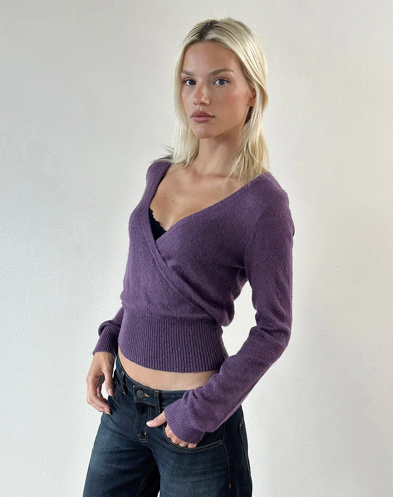 Haut croisé Nilza en maille violet foncé