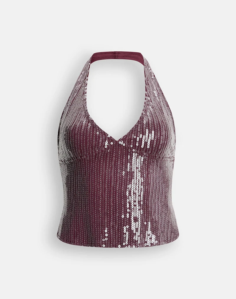 Halter-top Cosio en paillettes transparentes bordeaux