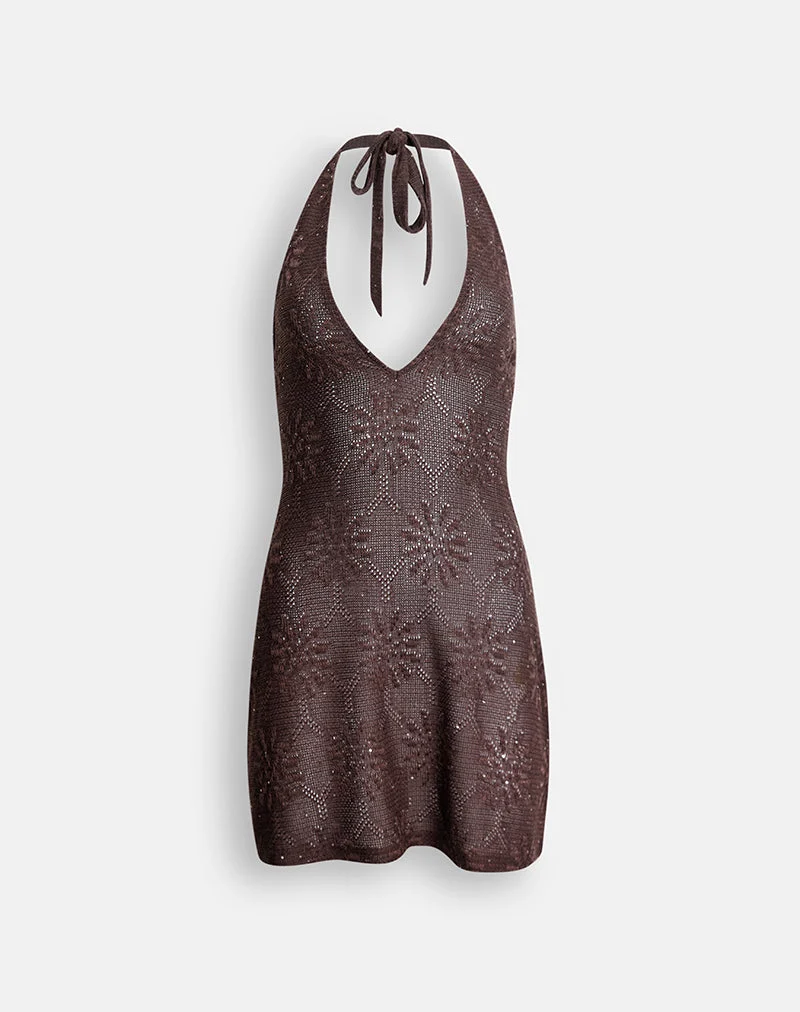 Mini-robe à dos nu Malvara en maille à paillettes, marron