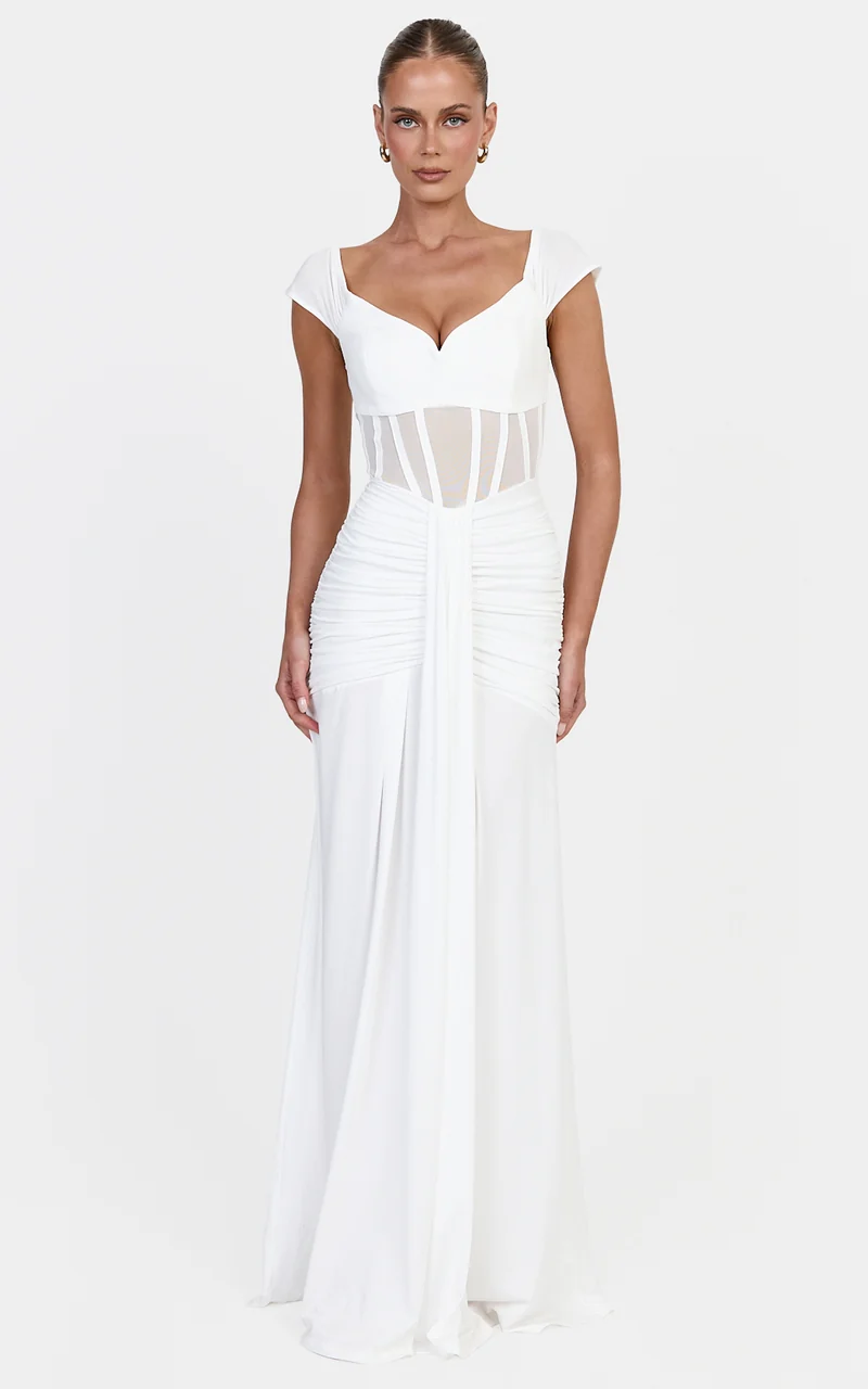 Luciana Maxi Dress - Sheer Corset Bodice Dress With Cap Sleeves And Hip Drape Details in White