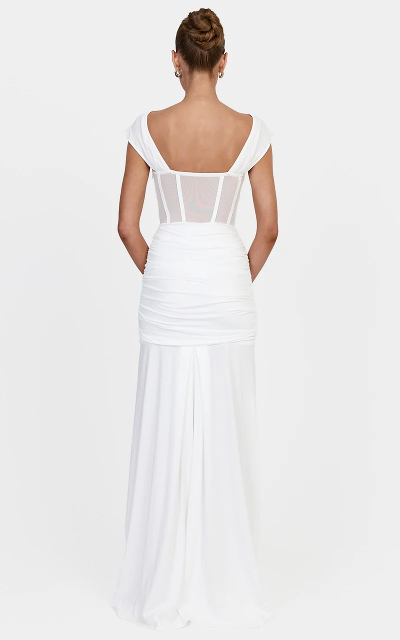 Luciana Maxi Dress - Sheer Corset Bodice Dress With Cap Sleeves And Hip Drape Details in White