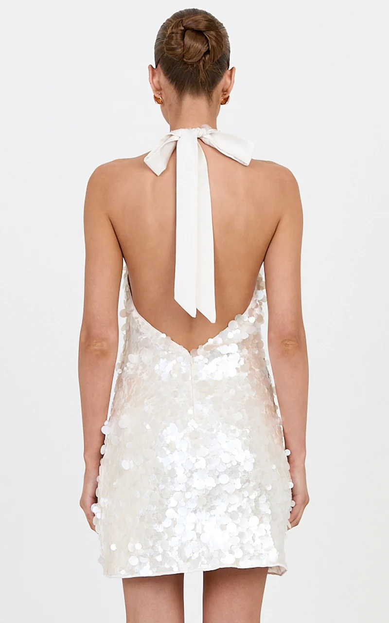 Alexandria Mini Dress - Halter Neck Sequin Backless Dress in Pearl