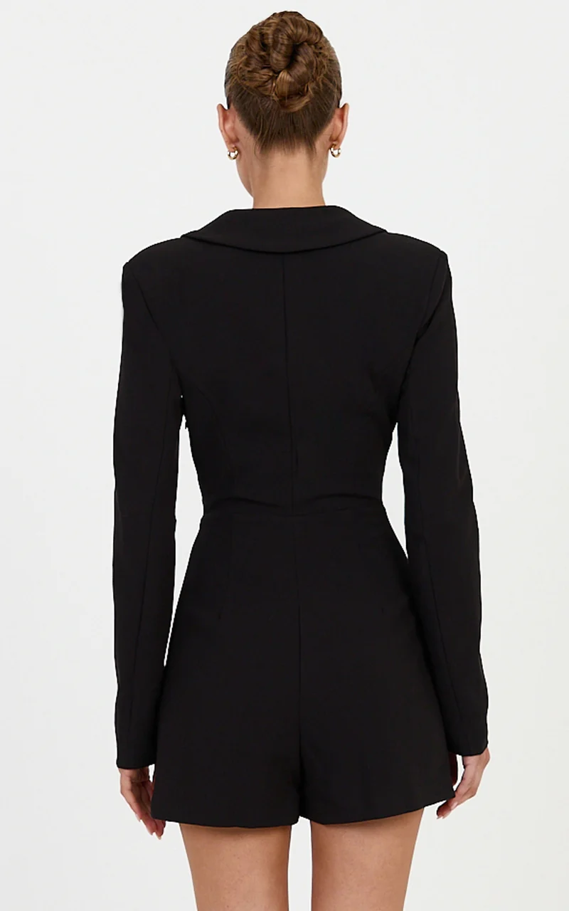 Siena Playsuit - Tailored Blazer Playsuit With Asymmetrical Hem And Plunge Neckline in Black