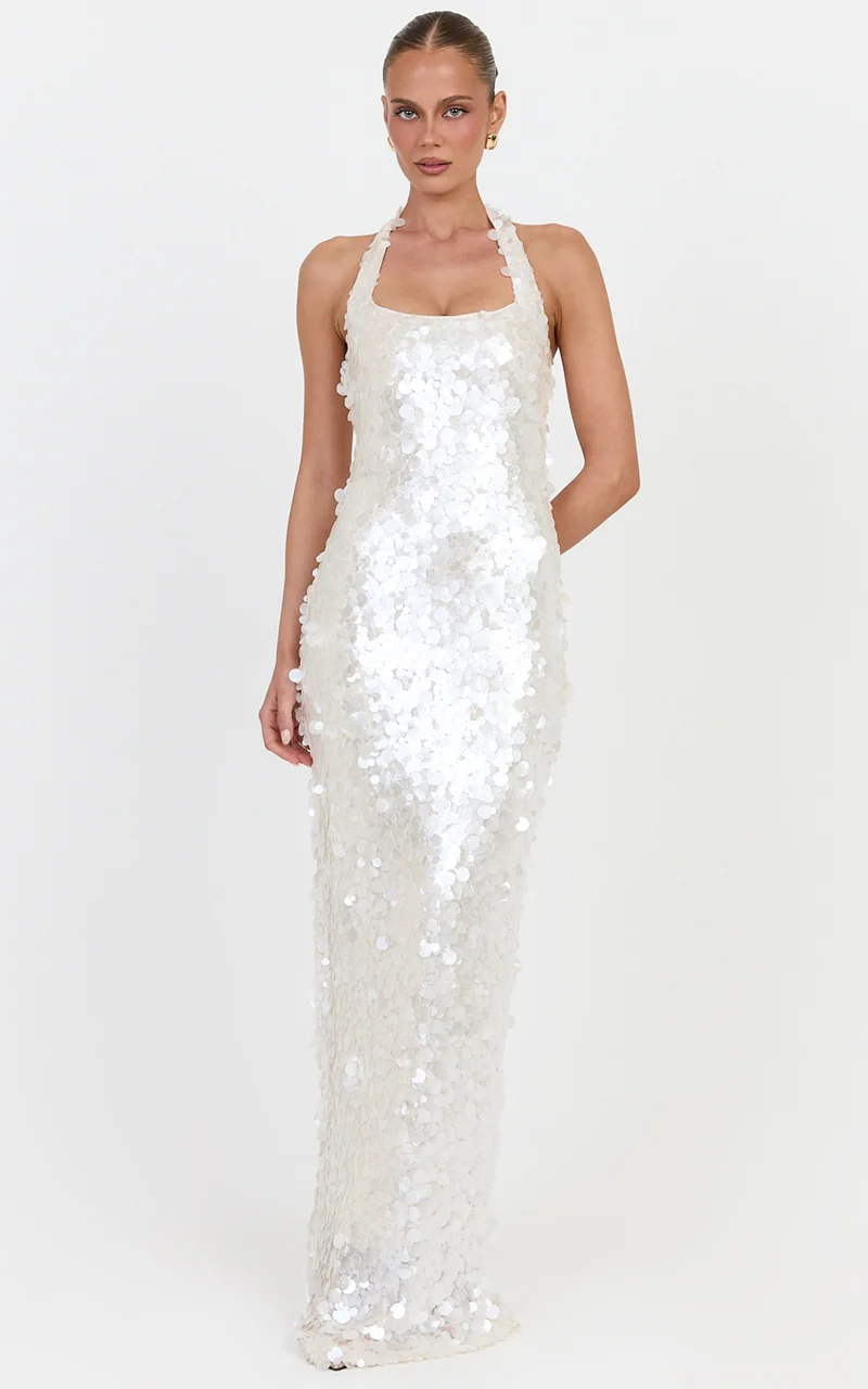 Alexandria Maxi Dress - Halter Neck Sequin Dress in Pearl