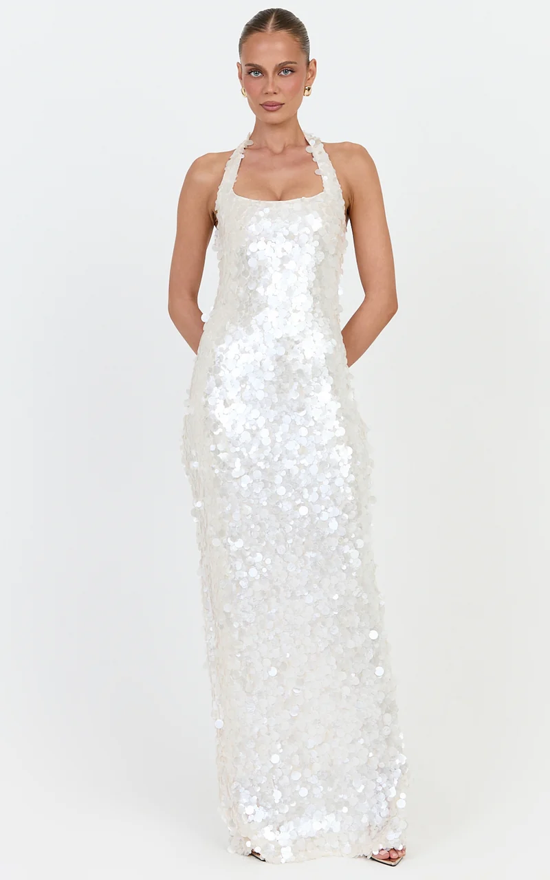 Alexandria Maxi Dress - Halter Neck Sequin Dress in Pearl