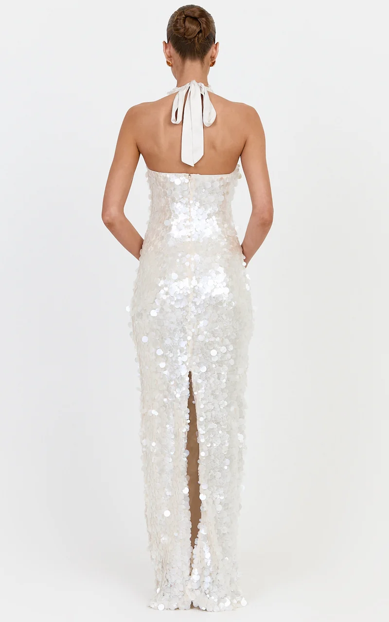 Alexandria Maxi Dress - Halter Neck Sequin Dress in Pearl