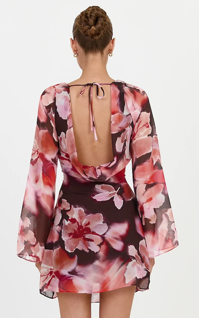Cordelia Mini Dress - Backless Long Sleeve Cowl Neck Dress in Midnight Blossoms Print