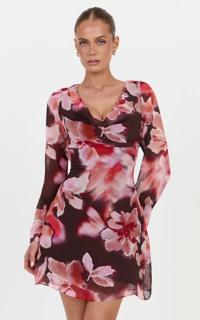 Cordelia Mini Dress - Backless Long Sleeve Cowl Neck Dress in Midnight Blossoms Print
