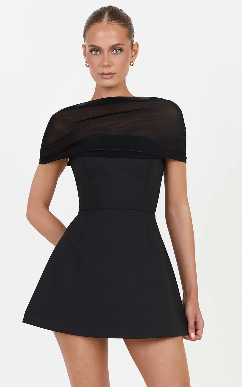 Anna Playsuit - Fit And Flare Playsuit With Mesh Overlay in Black