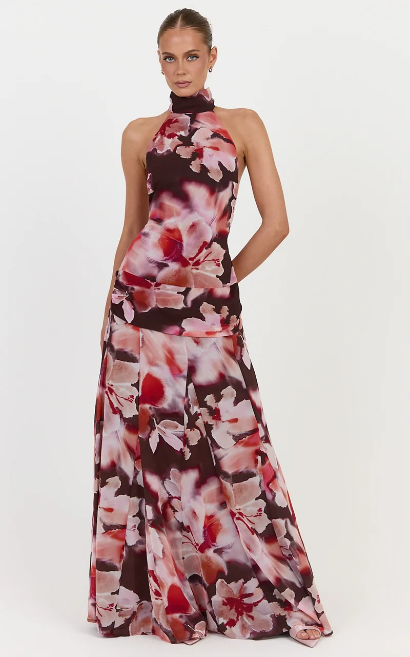 Cordelia Maxi Dress - High Neckline Racer Back Dress in Midnight Blossoms Print