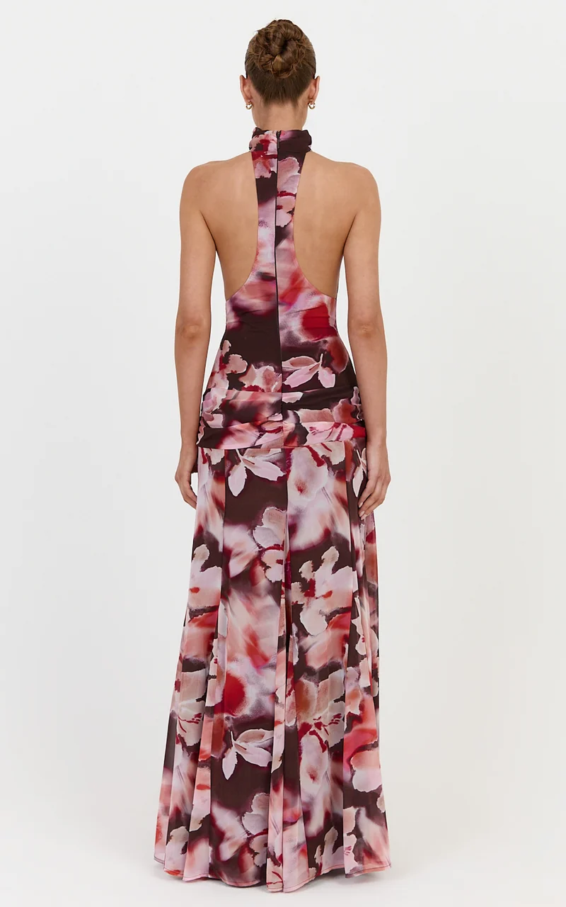 Cordelia Maxi Dress - High Neckline Racer Back Dress in Midnight Blossoms Print