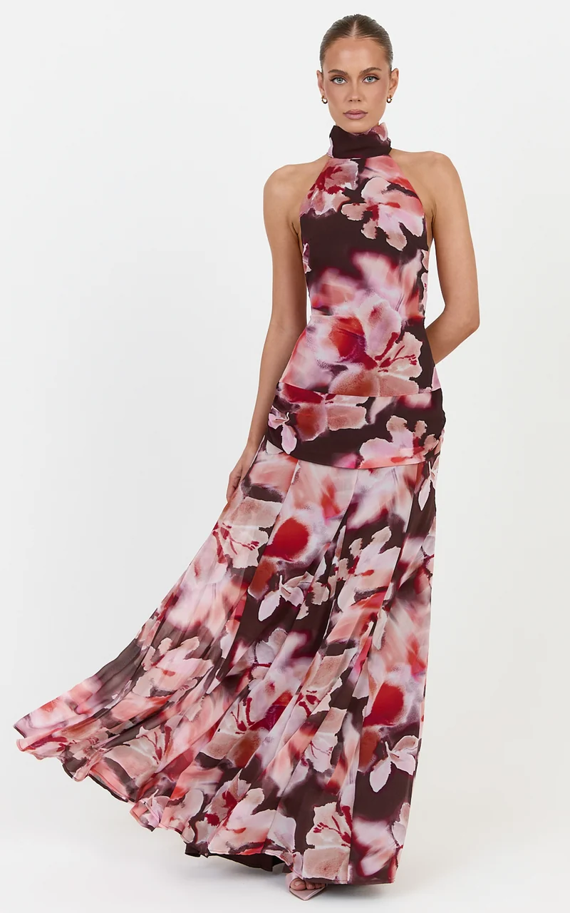 Cordelia Maxi Dress - High Neckline Racer Back Dress in Midnight Blossoms Print