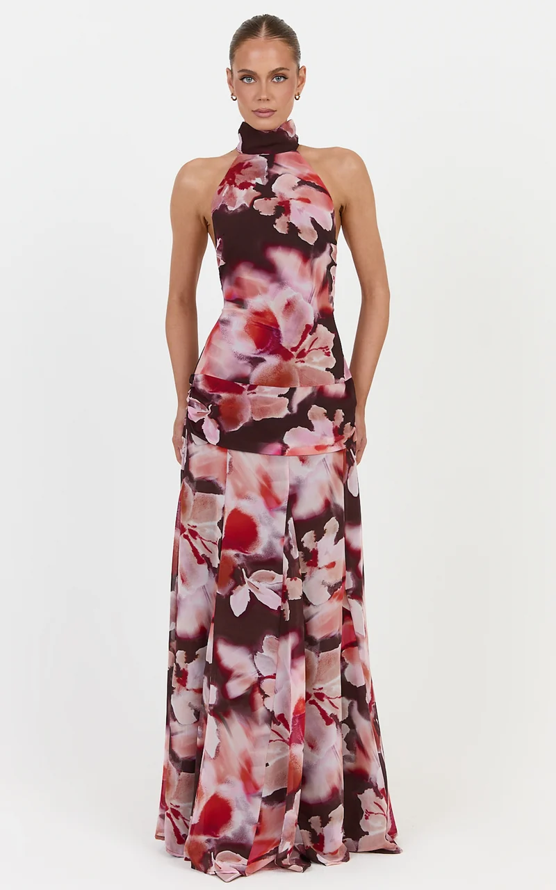 Cordelia Maxi Dress - High Neckline Racer Back Dress in Midnight Blossoms Print