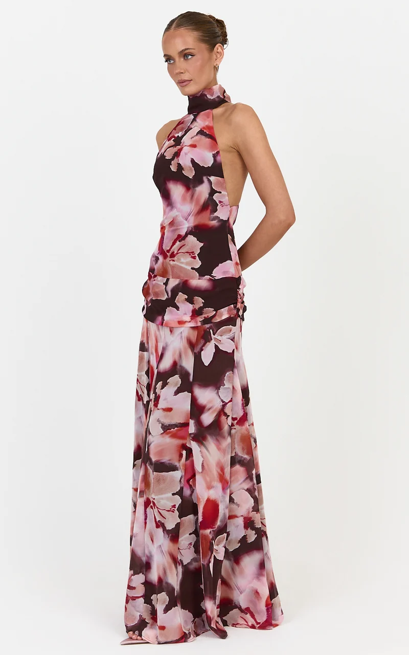 Cordelia Maxi Dress - High Neckline Racer Back Dress in Midnight Blossoms Print