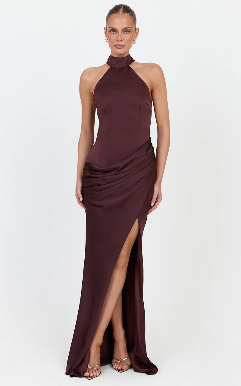 Lillian Maxi Dress - High Neck Halter Dress With Hip Drape And Scarf Detail in Plum