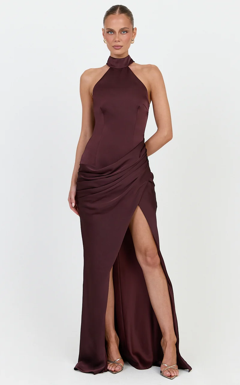 Lillian Maxi Dress - High Neck Halter Dress With Hip Drape And Scarf Detail in Plum