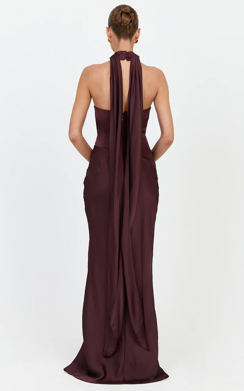 Lillian Maxi Dress - High Neck Halter Dress With Hip Drape And Scarf Detail in Plum