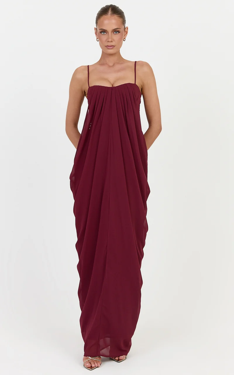 Eloise Maxi Dress - Draped Dress With Sweetheart Neckline And Spaghetti Straps in Wine