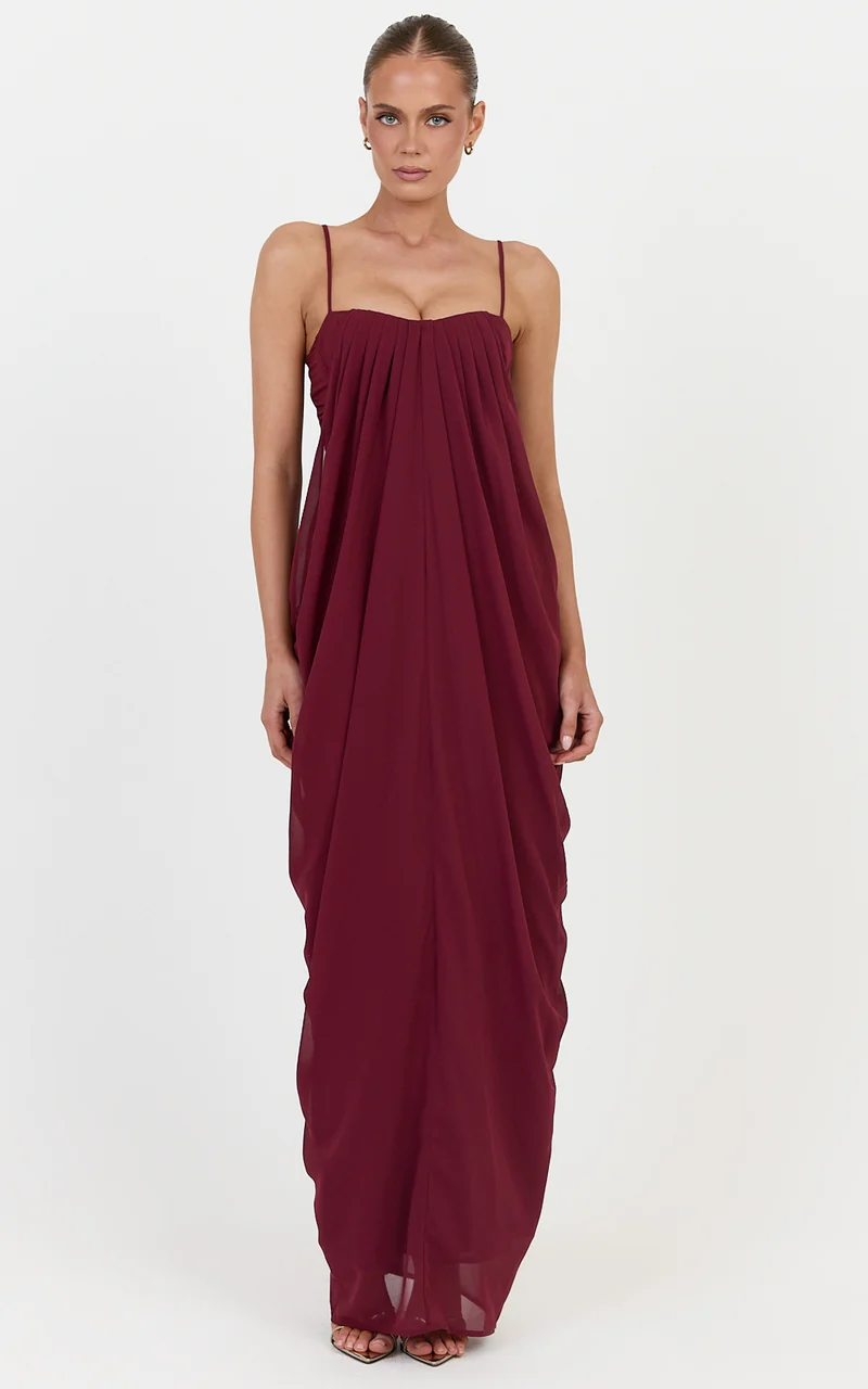 Eloise Maxi Dress - Draped Dress With Sweetheart Neckline And Spaghetti Straps in Wine