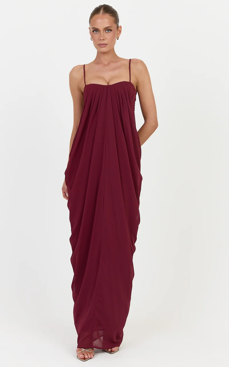Eloise Maxi Dress - Draped Dress With Sweetheart Neckline And Spaghetti Straps in Wine