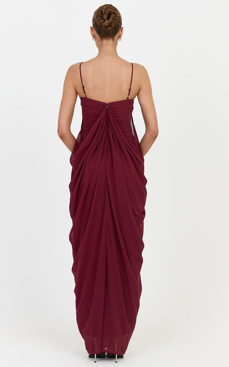 Eloise Maxi Dress - Draped Dress With Sweetheart Neckline And Spaghetti Straps in Wine