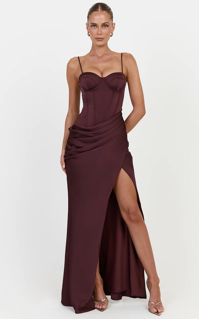 Natalia Maxi Dress - Sweetheart Neckline Corset Dress with Hip Drape Detail And Leg Split in Plum