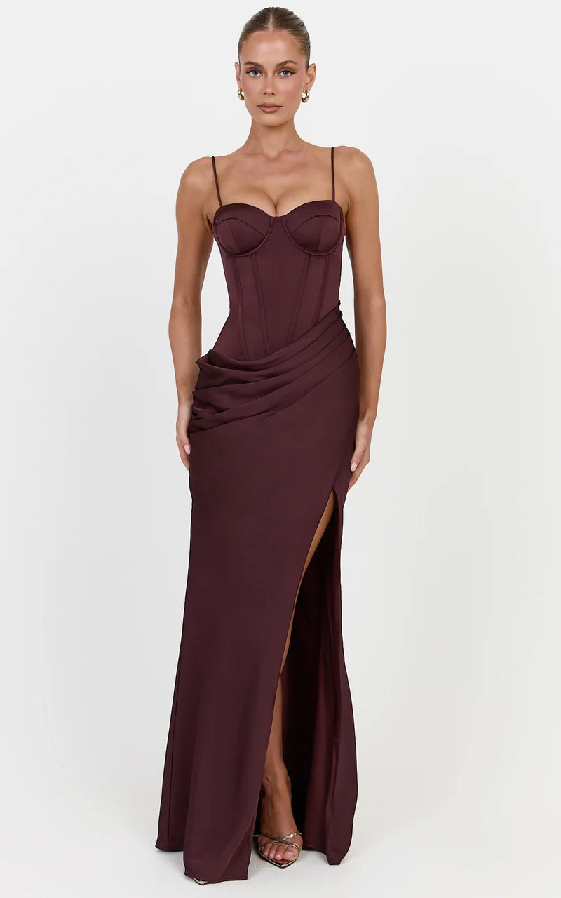 Natalia Maxi Dress - Sweetheart Neckline Corset Dress with Hip Drape Detail And Leg Split in Plum