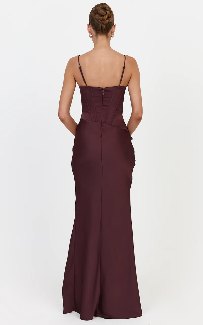 Natalia Maxi Dress - Sweetheart Neckline Corset Dress with Hip Drape Detail And Leg Split in Plum