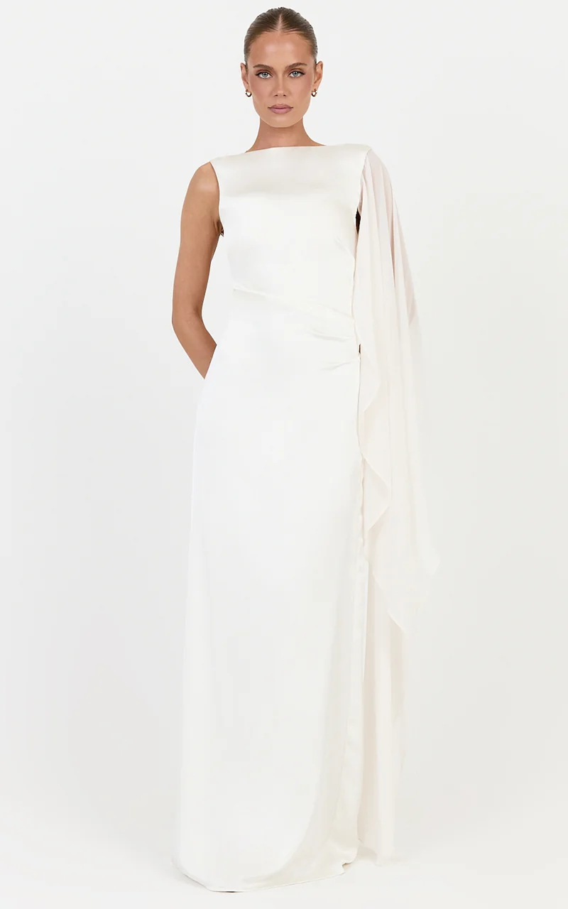 Seraphina Maxi Dress - Boat Neck Dress With Cape Sleeve in Ivory
