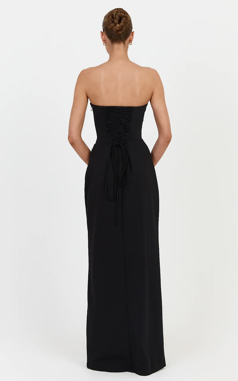 Marcella Maxi Dress - Strapless Square Neck Corset Bodice Dress With Leg Split And Tuck Detail in Black
