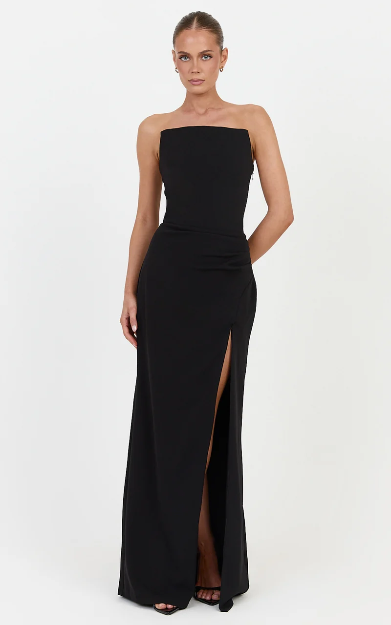 Marcella Maxi Dress - Strapless Square Neck Corset Bodice Dress With Leg Split And Tuck Detail in Black