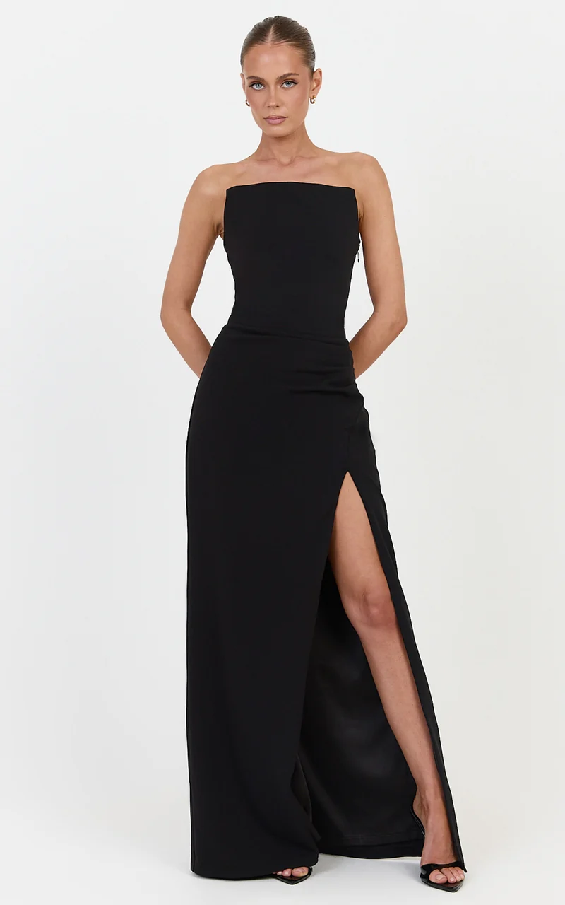 Marcella Maxi Dress - Strapless Square Neck Corset Bodice Dress With Leg Split And Tuck Detail in Black