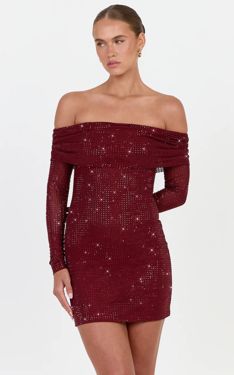 Quinn Mini Dress - Hotfix Off Shoulder Long Sleeve Dress in Wine