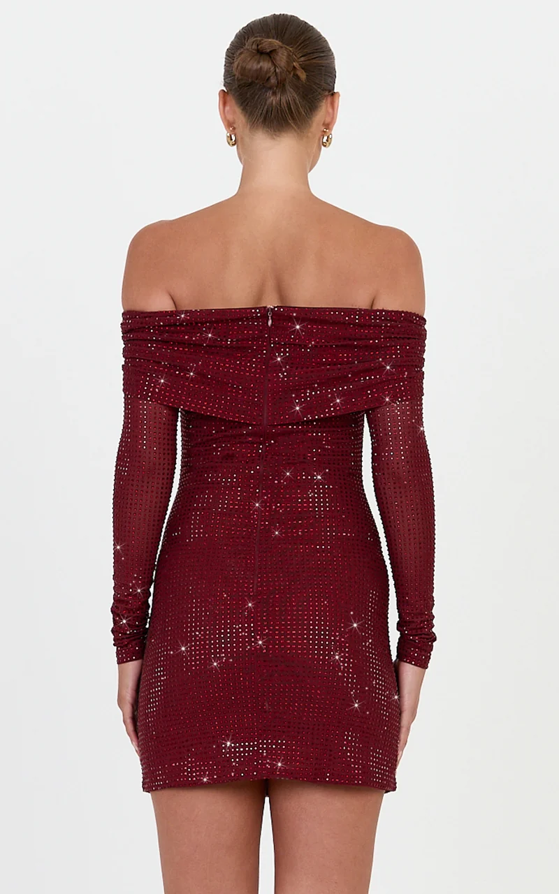 Quinn Mini Dress - Hotfix Off Shoulder Long Sleeve Dress in Wine