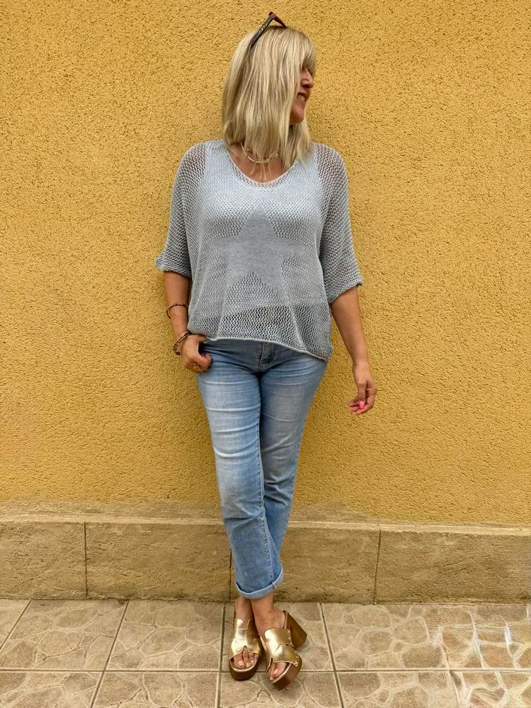 Pull ajouré Etoile bleu gris