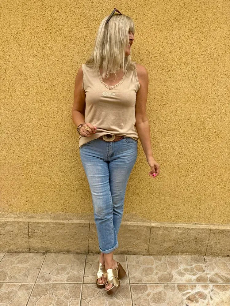 Top sans manches Poisson camel