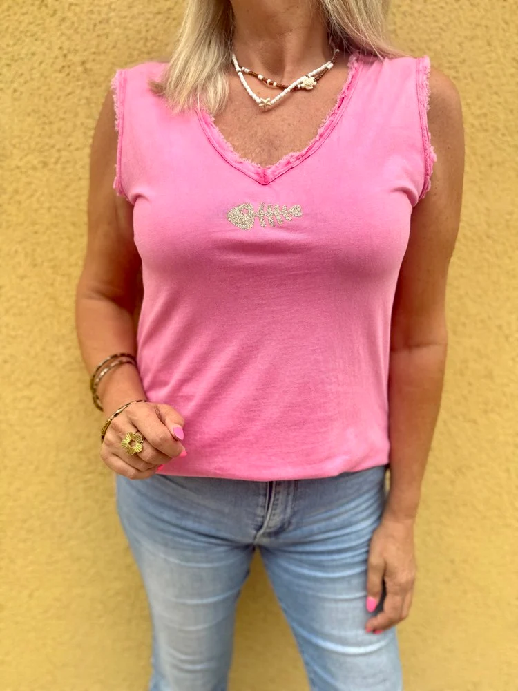 Top sans manches Poisson fuchsia