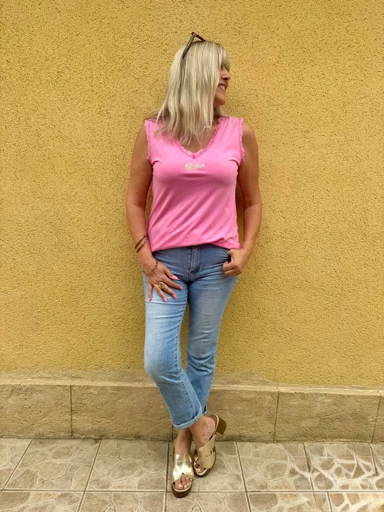 Top sans manches Poisson fuchsia