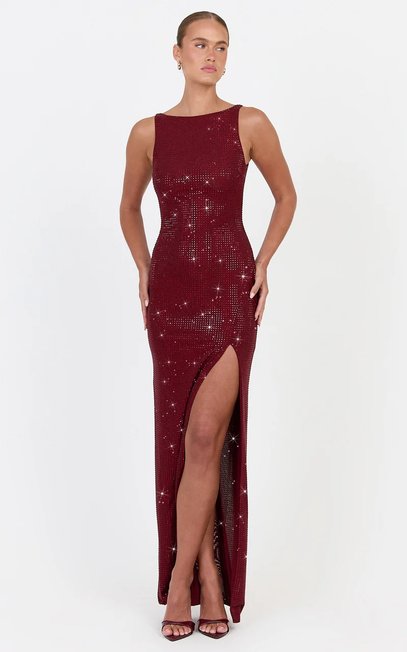 Quinn Maxi Dress - Backless Hotfix Boat Neck Dress in Wine