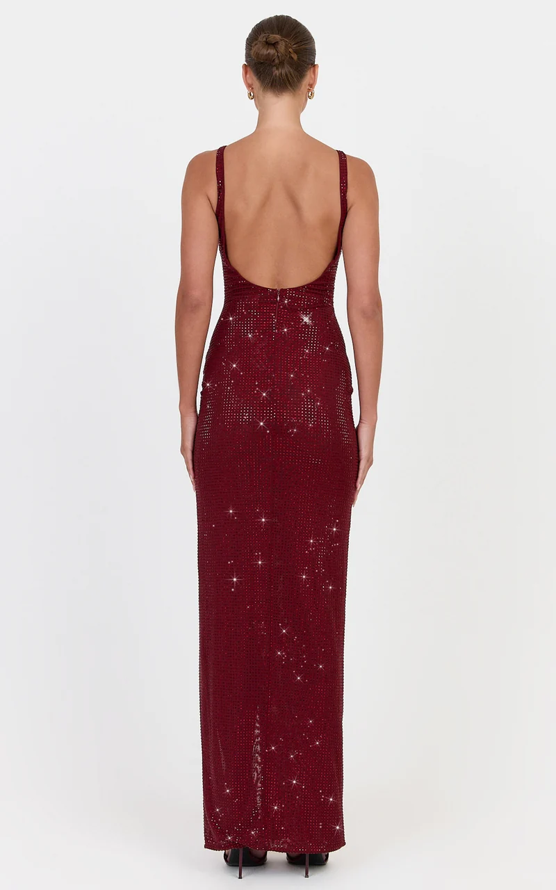Quinn Maxi Dress - Backless Hotfix Boat Neck Dress in Wine