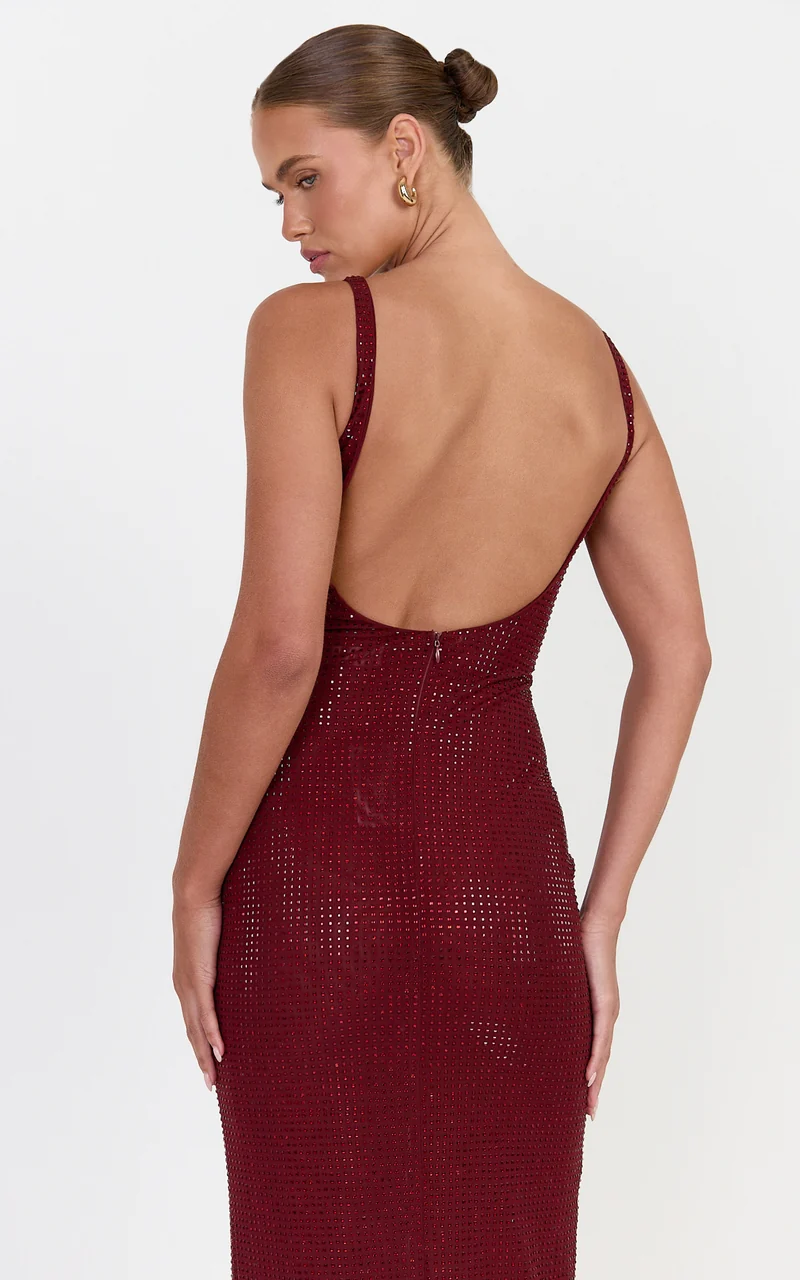 Quinn Maxi Dress - Backless Hotfix Boat Neck Dress in Wine