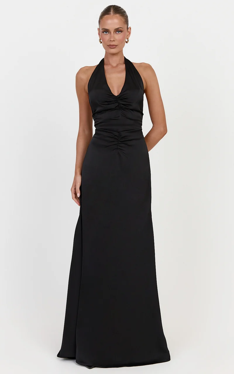 Nelle Maxi Dress - Backless Plunge Halter Neck Satin Dress With Knot Detail And Ruching in Black