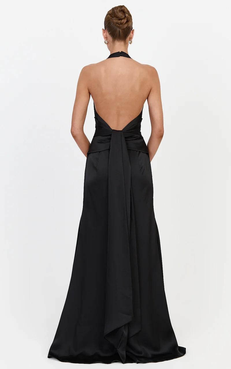 Nelle Maxi Dress - Backless Plunge Halter Neck Satin Dress With Knot Detail And Ruching in Black