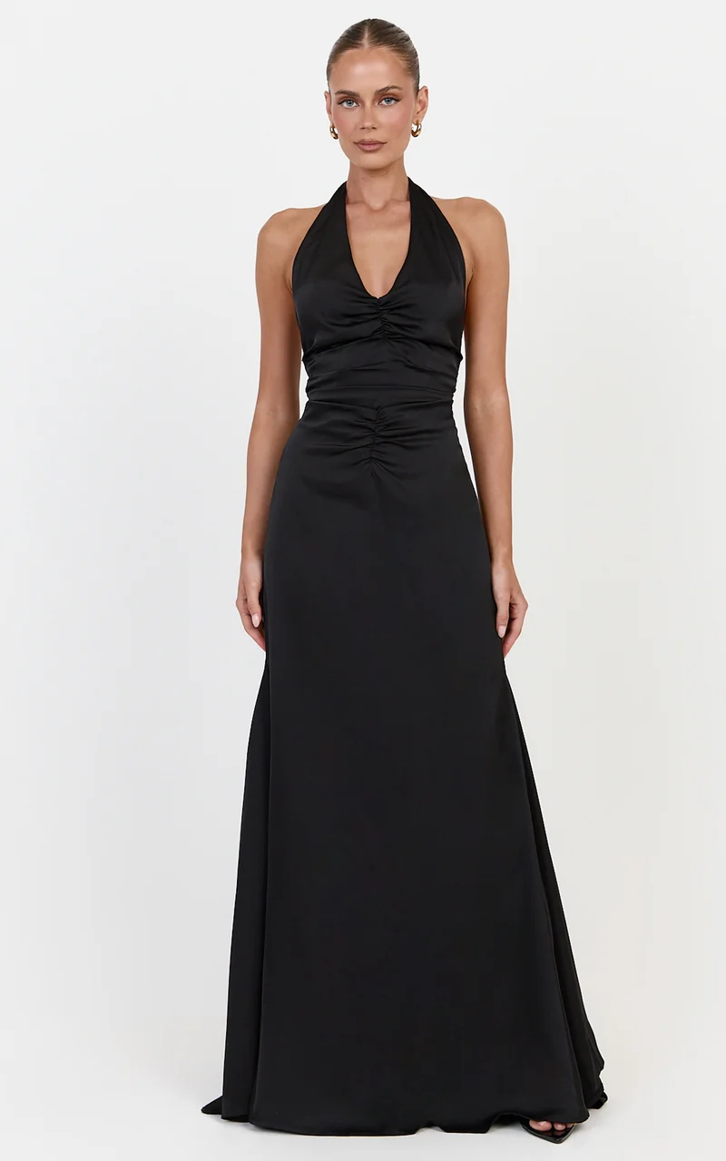 Nelle Maxi Dress - Backless Plunge Halter Neck Satin Dress With Knot Detail And Ruching in Black