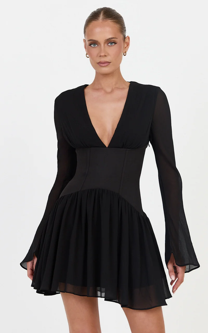 Lillian Mini Dress - Contrast Corset Flute Sleeve Dress in Black