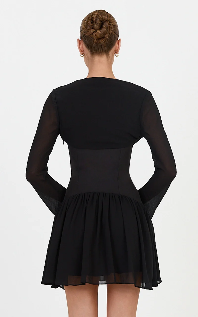 Lillian Mini Dress - Contrast Corset Flute Sleeve Dress in Black